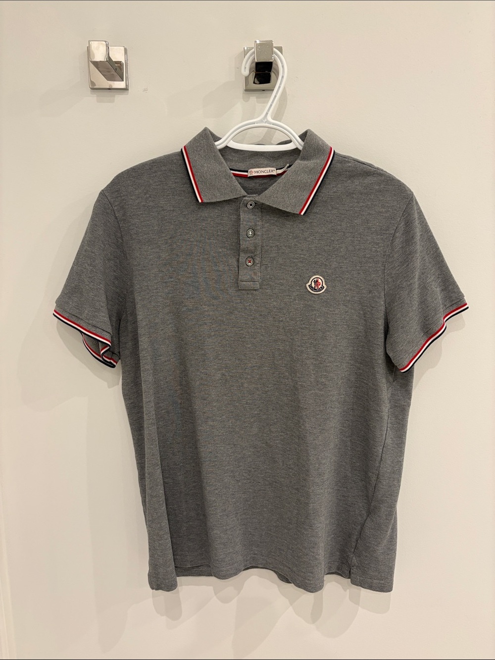 Moncler Grey Polo with Red & White Trim